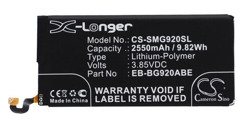 Аккумуляторная батарея для смартфона Samsung CS-SMG920SL Galaxy S6 SM-G920 3.85V Black 2550mAh 9.82Wh